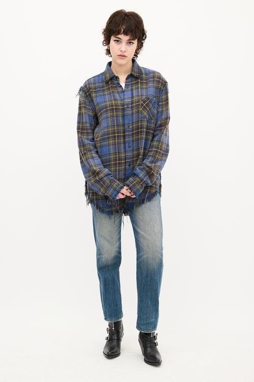 R13 Blue 
Yellow Plaid Shredded Seam Shirt