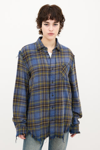 R13 Blue 
Yellow Plaid Shredded Seam Shirt