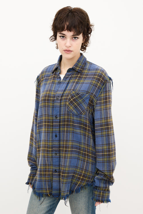 R13 Blue 
Yellow Plaid Shredded Seam Shirt