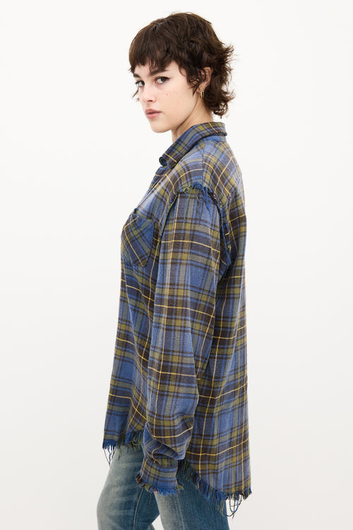 R13 Blue 
Yellow Plaid Shredded Seam Shirt