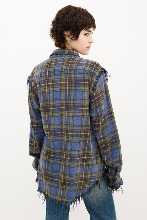 R13 Blue 
Yellow Plaid Shredded Seam Shirt