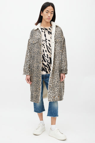 R13 Brown 
Black Patterned Denim Shearling Coat