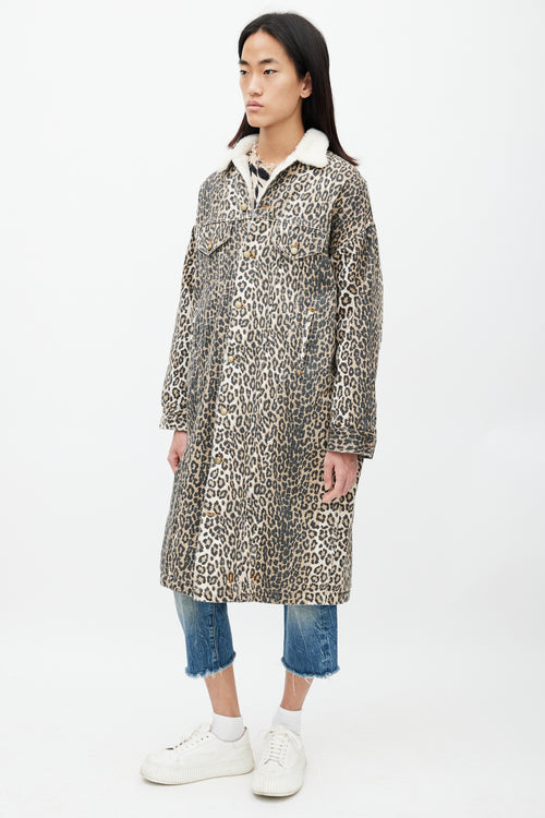 R13 Brown 
Black Patterned Denim Shearling Coat