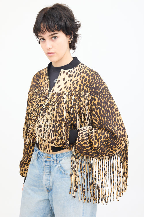 R13 Brown 
Black Printed Fringe Bomber Jacket