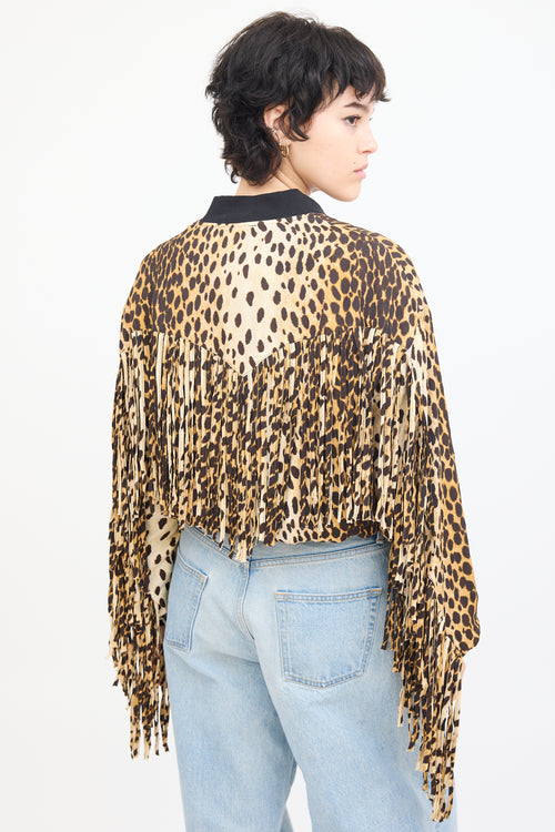 R13 Brown 
Black Printed Fringe Bomber Jacket