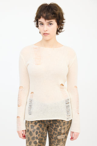 R13 Cream Cashmere Distressed Knit Sweater