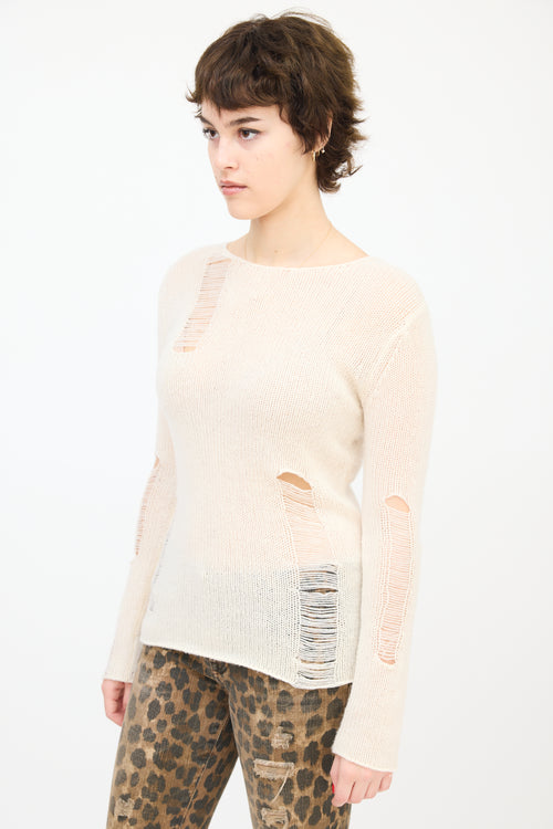 R13 Cream Cashmere Distressed Knit Sweater