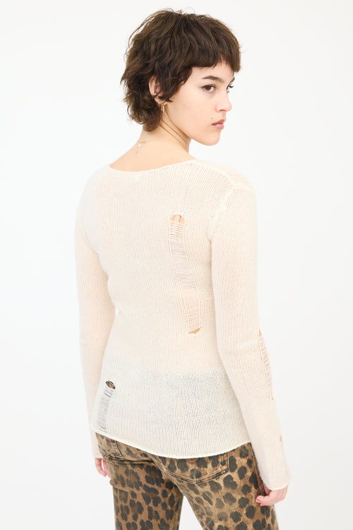 R13 Cream Cashmere Distressed Knit Sweater