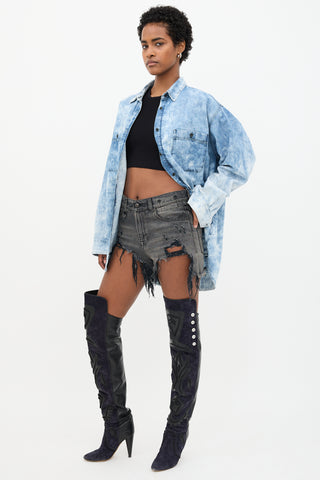 R13 Denim Shredded Slouch Shorts