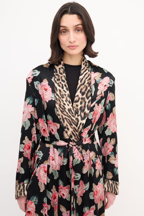 R13 Black 
Multi Silk Floral Smoking Robe