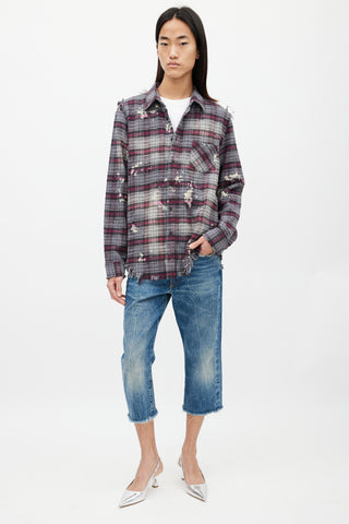 R13 Grey 
Red Distressed Plaid Flannel Shirt