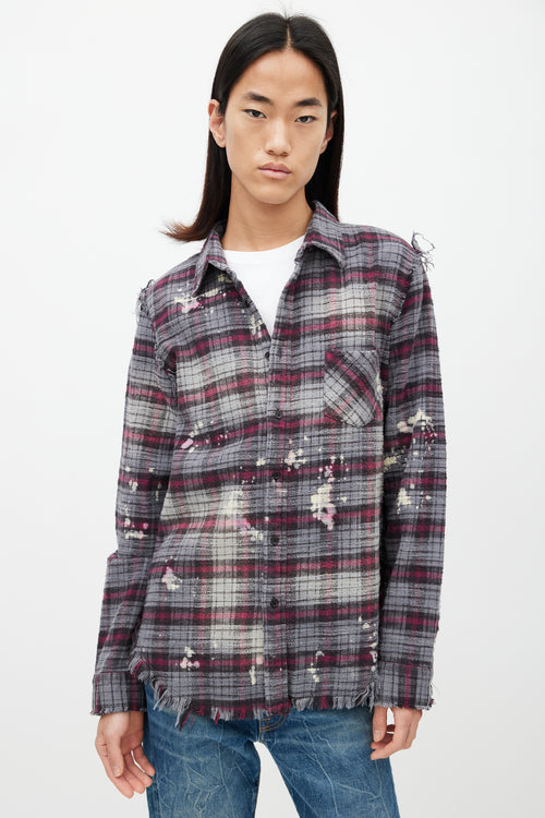 R13 Grey 
Red Distressed Plaid Flannel Shirt