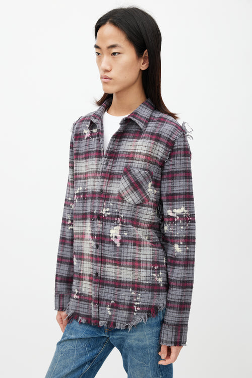 R13 Grey 
Red Distressed Plaid Flannel Shirt