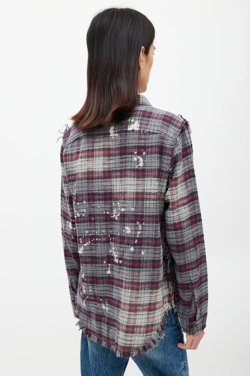 R13 Grey 
Red Distressed Plaid Flannel Shirt