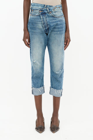 R13 Light Wash Distressed Cross Over Jeans