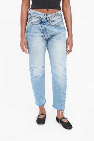 R13 Light Wash Distressed Cross Over Jean