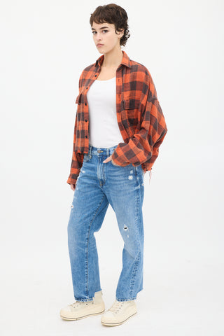 R13 Red 
Black Distressed Plaid Shirt