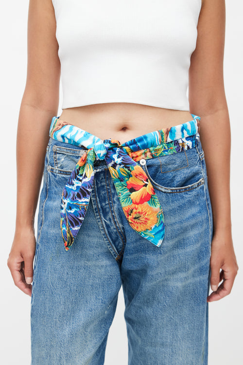 R13 Mid Wash Tropical Tie Waist Crossover Jeans