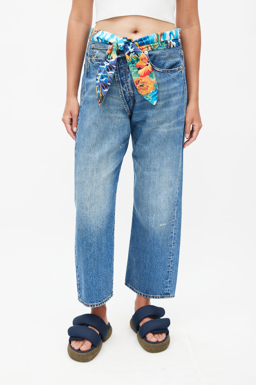 R13 Mid Wash Tropical Tie Waist Crossover Jeans