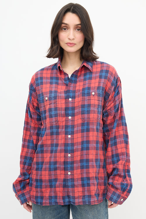  Red Blue Plaid Rolled Up Sleeve Shirt