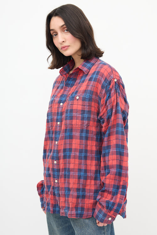  Red Blue Plaid Rolled Up Sleeve Shirt