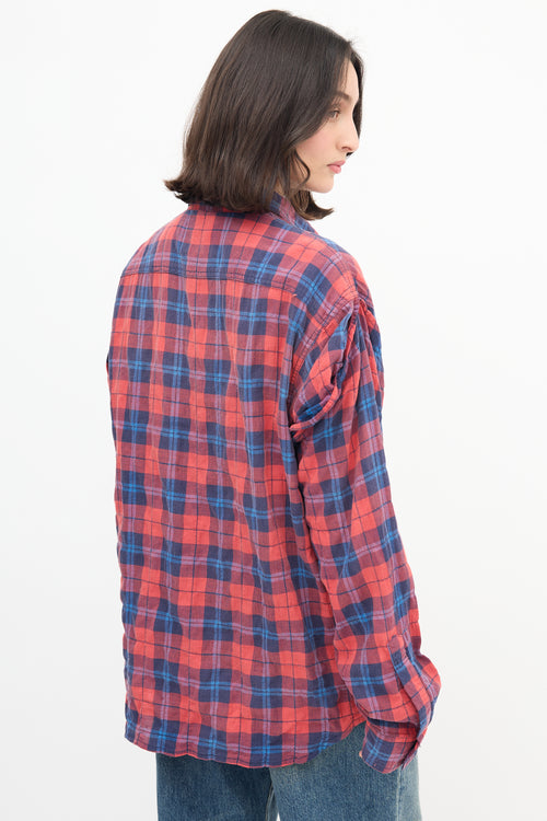  Red Blue Plaid Rolled Up Sleeve Shirt