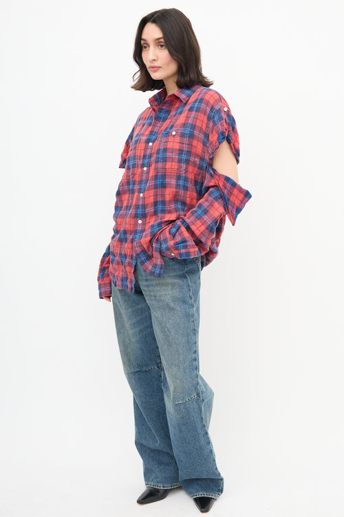  Red Blue Plaid Rolled Up Sleeve Shirt