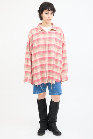 R13 Pink 
Beige Plaid Shredded Seam Shirt