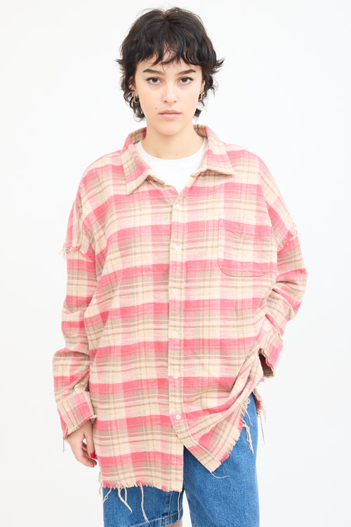 R13 Pink 
Beige Plaid Shredded Seam Shirt