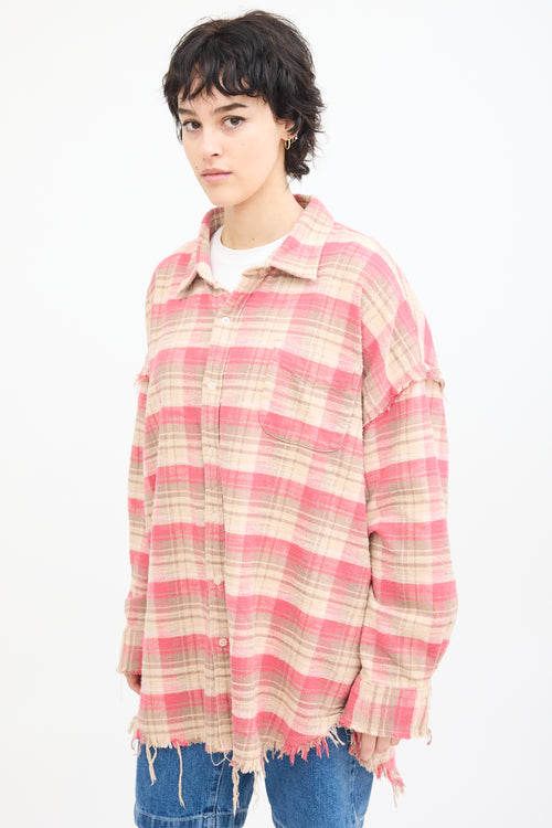 R13 Pink 
Beige Plaid Shredded Seam Shirt