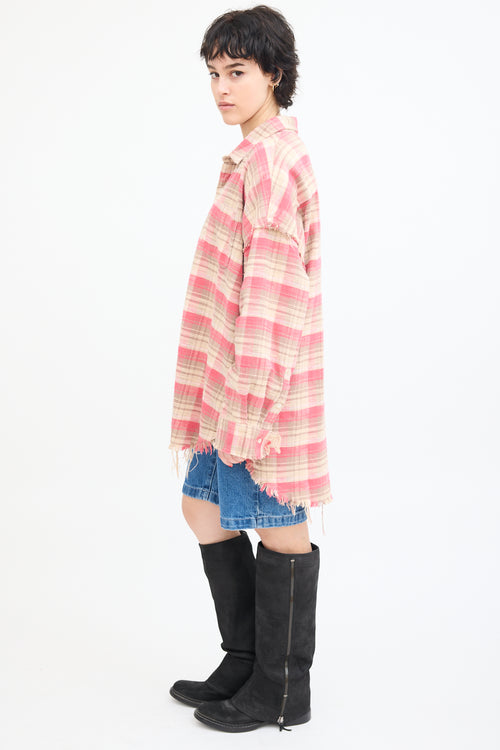 R13 Pink 
Beige Plaid Shredded Seam Shirt