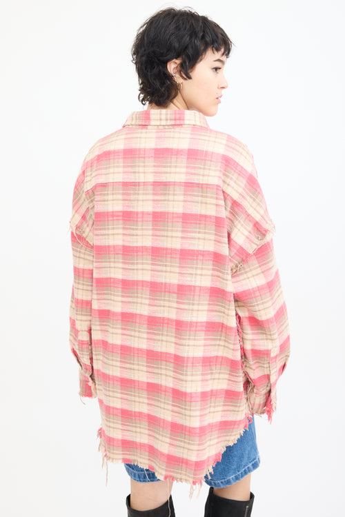 R13 Pink 
Beige Plaid Shredded Seam Shirt