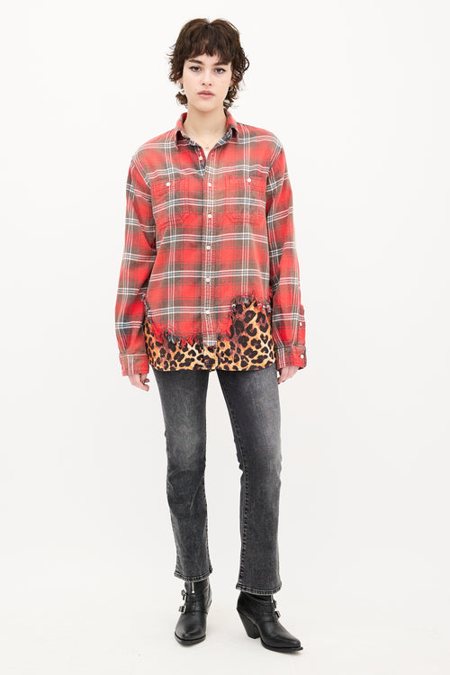 R13 Red 
Brown Plaid Tattered Hem Shirt