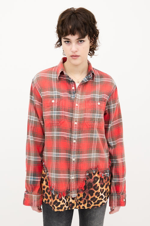 R13 Red 
Brown Plaid Tattered Hem Shirt