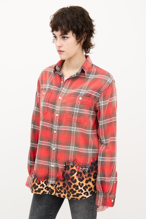 R13 Red 
Brown Plaid Tattered Hem Shirt