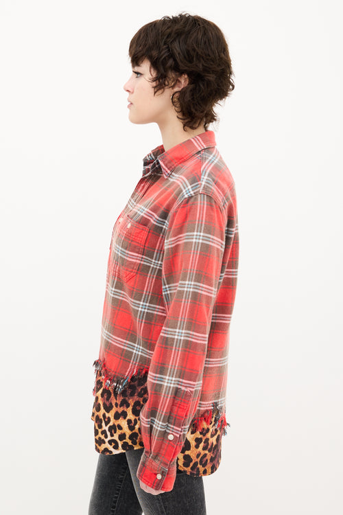 R13 Red 
Brown Plaid Tattered Hem Shirt