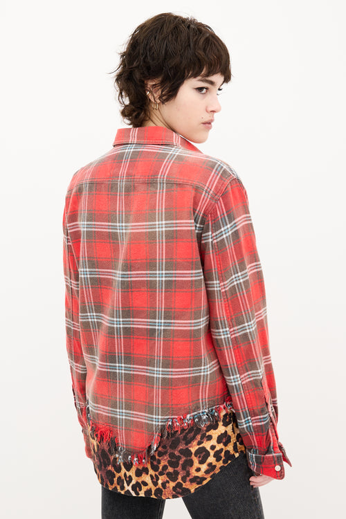 R13 Red 
Brown Plaid Tattered Hem Shirt