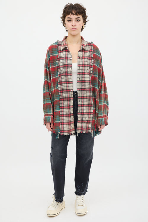 R13 Red 
Multicolour Plaid Drop Neck Combo Work Shirt