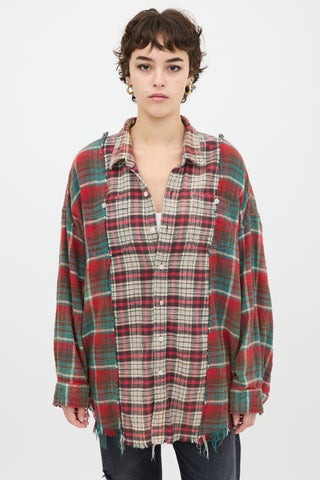 R13 Red 
Multicolour Plaid Drop Neck Combo Work Shirt