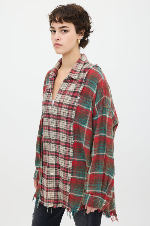 R13 Red 
Multicolour Plaid Drop Neck Combo Work Shirt