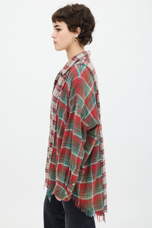 R13 Red 
Multicolour Plaid Drop Neck Combo Work Shirt