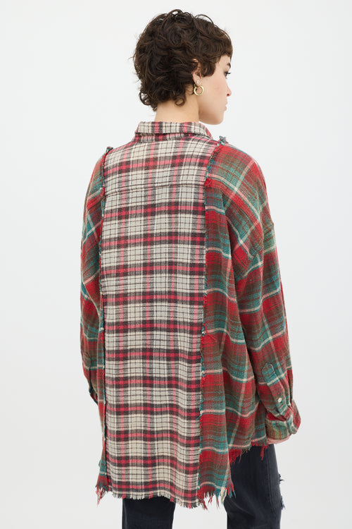 R13 Red 
Multicolour Plaid Drop Neck Combo Work Shirt