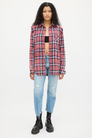 R13 Red 
Multicolour Plaid Shredded Seam Shirt