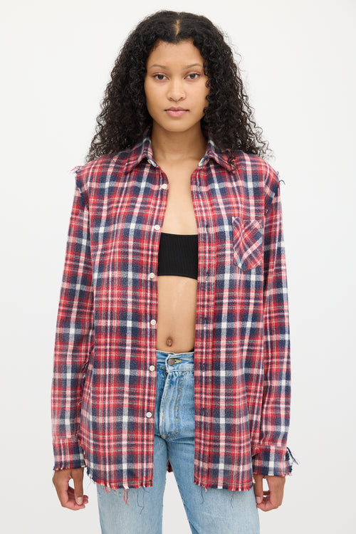 R13 Red 
Multicolour Plaid Shredded Seam Shirt