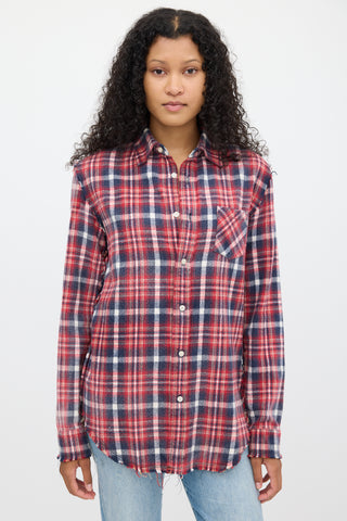 R13 Red 
Multicolour Plaid Shredded Seam Shirt