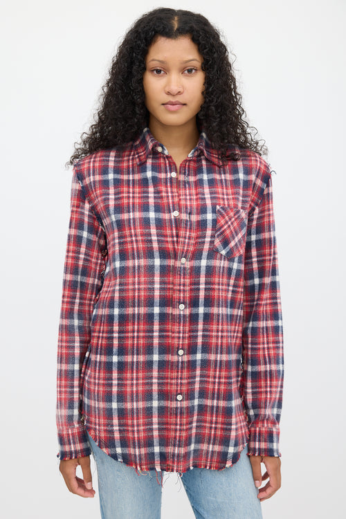 R13 Red 
Multicolour Plaid Shredded Seam Shirt