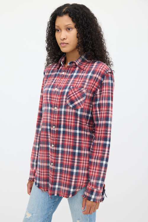 R13 Red 
Multicolour Plaid Shredded Seam Shirt