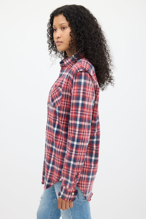 R13 Red 
Multicolour Plaid Shredded Seam Shirt