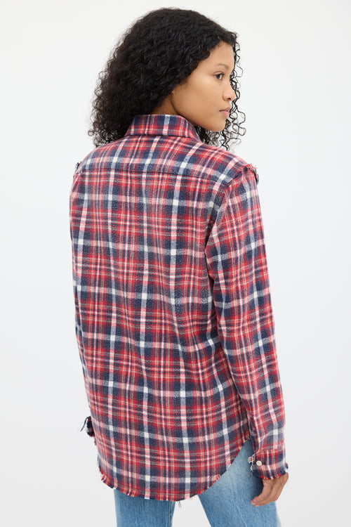 R13 Red 
Multicolour Plaid Shredded Seam Shirt