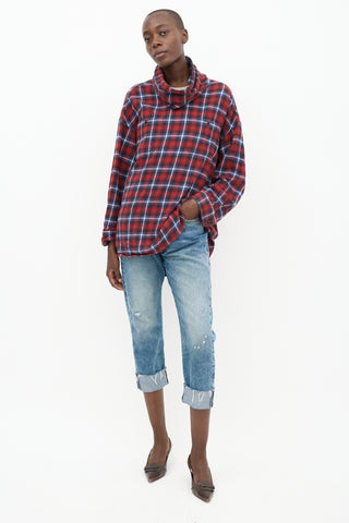 R13 Red 
Blue Plaid Turtleneck Top